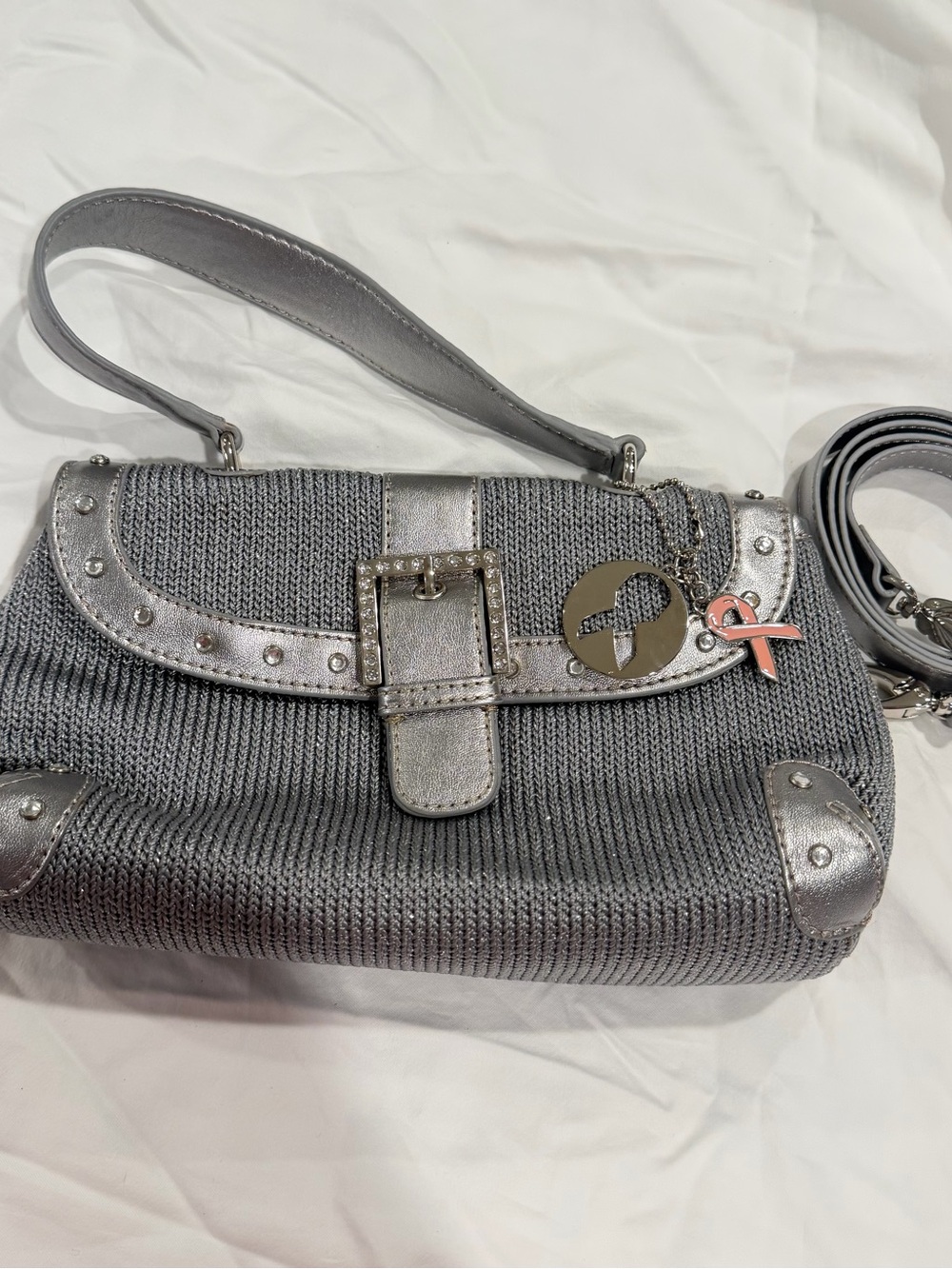 The SAK Silver Knit Shoulder Bag with Buckle Accent